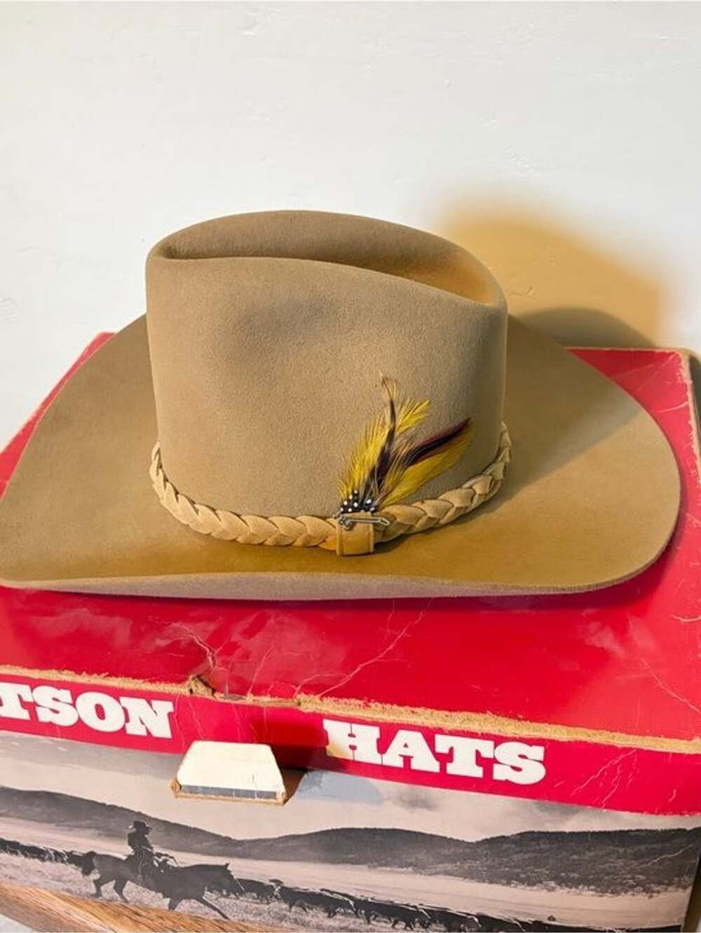 Vintage Stetson 4x Beaver Cowboy Hat Size 6 7/8 Silver Belly Rancher W/ Feather